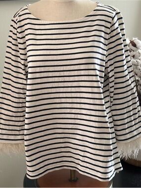 Talbots White and Black Striped Top with Ostrich Feather Cuff Detail -XL